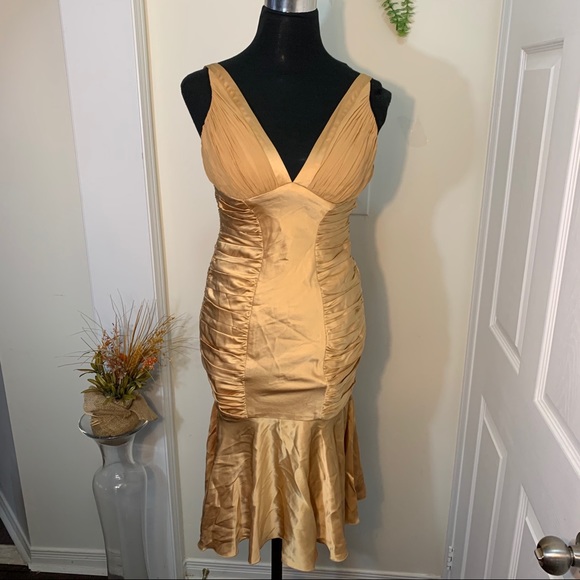 Dina Barel Soft Gold Tone Silk Flattering Dress - Picture 1 of 16